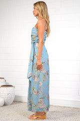 Citrine Jumpsuit - Adjustable Strap Sqaure Neck Wide Leg Jumpsuit with Splits and Waist Tie in Miranda Print