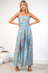 Citrine Jumpsuit - Adjustable Strap Sqaure Neck Wide Leg Jumpsuit with Splits and Waist Tie in Miranda Print