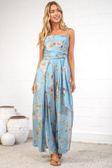 Citrine Jumpsuit - Adjustable Strap Sqaure Neck Wide Leg Jumpsuit with Splits and Waist Tie in Miranda Print