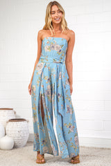 Citrine Jumpsuit - Adjustable Strap Sqaure Neck Wide Leg Jumpsuit with Splits and Waist Tie in Miranda Print