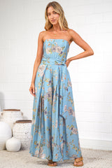 Citrine Jumpsuit - Adjustable Strap Sqaure Neck Wide Leg Jumpsuit with Splits and Waist Tie in Miranda Print