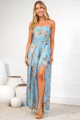 Citrine Jumpsuit - Adjustable Strap Sqaure Neck Wide Leg Jumpsuit with Splits and Waist Tie in Miranda Print