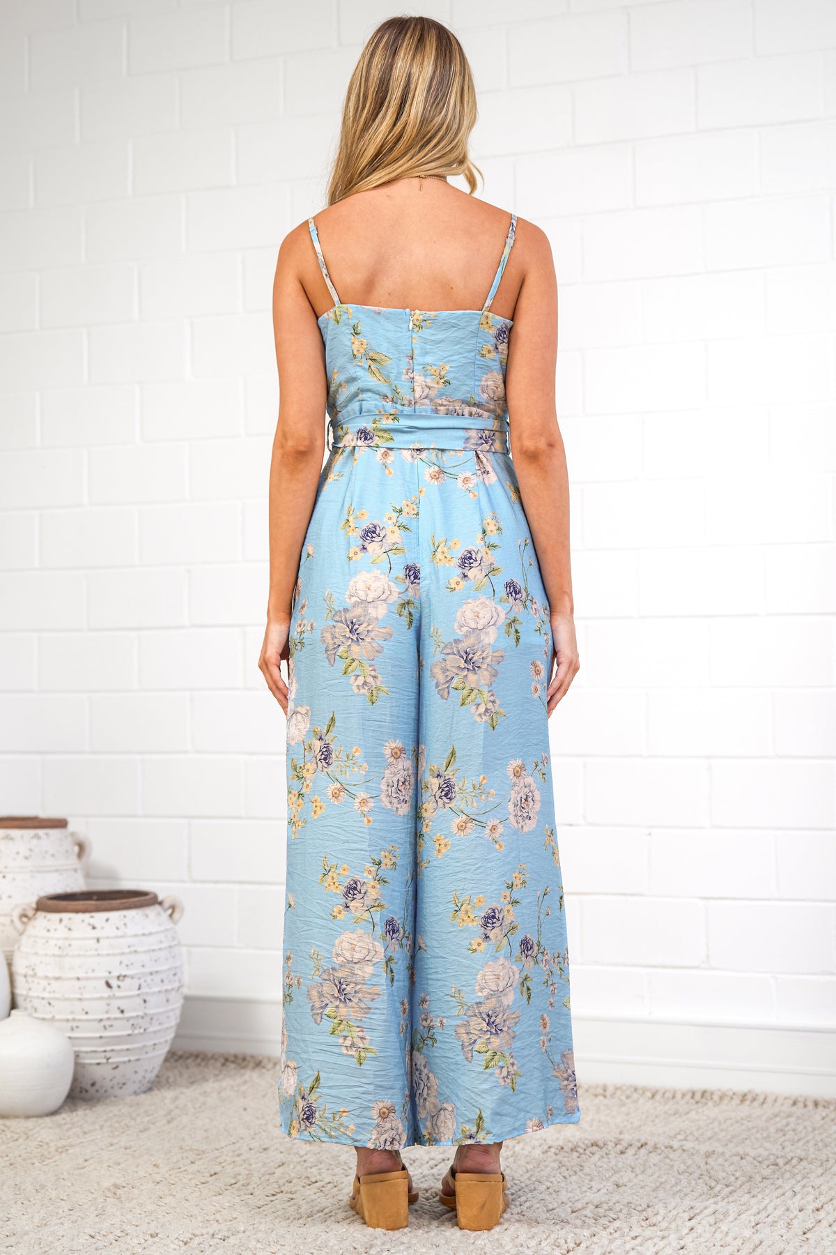 Citrine Jumpsuit - Adjustable Strap Sqaure Neck Wide Leg Jumpsuit with Splits and Waist Tie in Miranda Print
