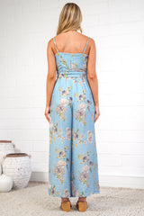 Citrine Jumpsuit - Adjustable Strap Sqaure Neck Wide Leg Jumpsuit with Splits and Waist Tie in Miranda Print