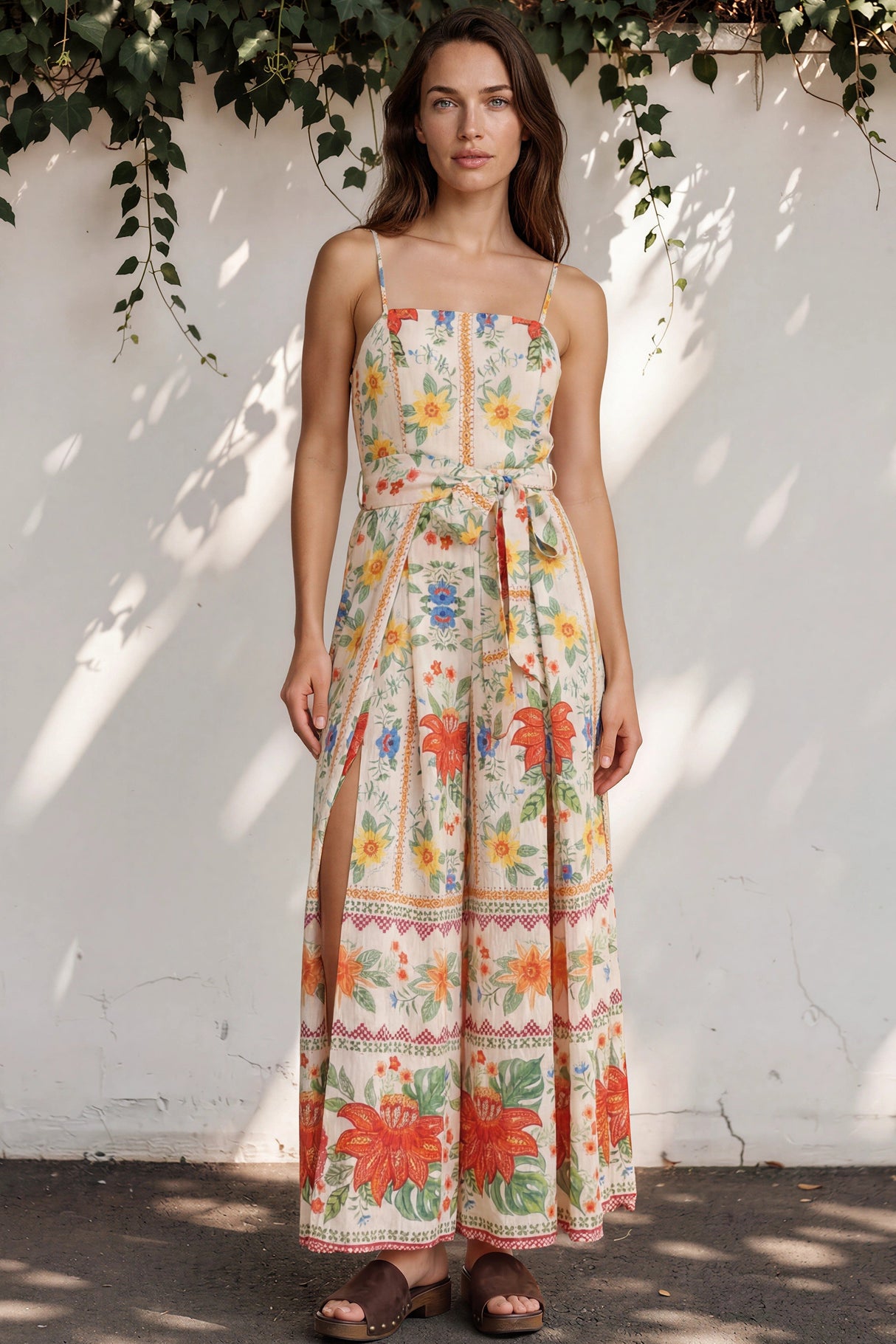Model wearing Citrine Jumpsuit in Alma Print from Salty Crush
