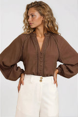 Claire Blouse - Frill Collar Hollow Out Lace Insert Detailed Button Down in Chocolate