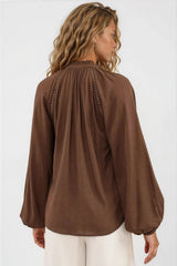 Claire Blouse - Frill Collar Hollow Out Lace Insert Detailed Button Down in Chocolate
