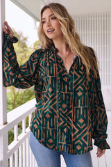 JAASE - Clara Blouse: Button Down Mandarin Collar Shirt in Emerald Print