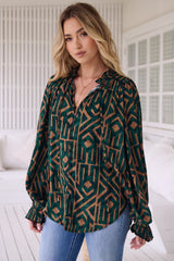 JAASE - Clara Blouse: Button Down Mandarin Collar Shirt in Emerald Print