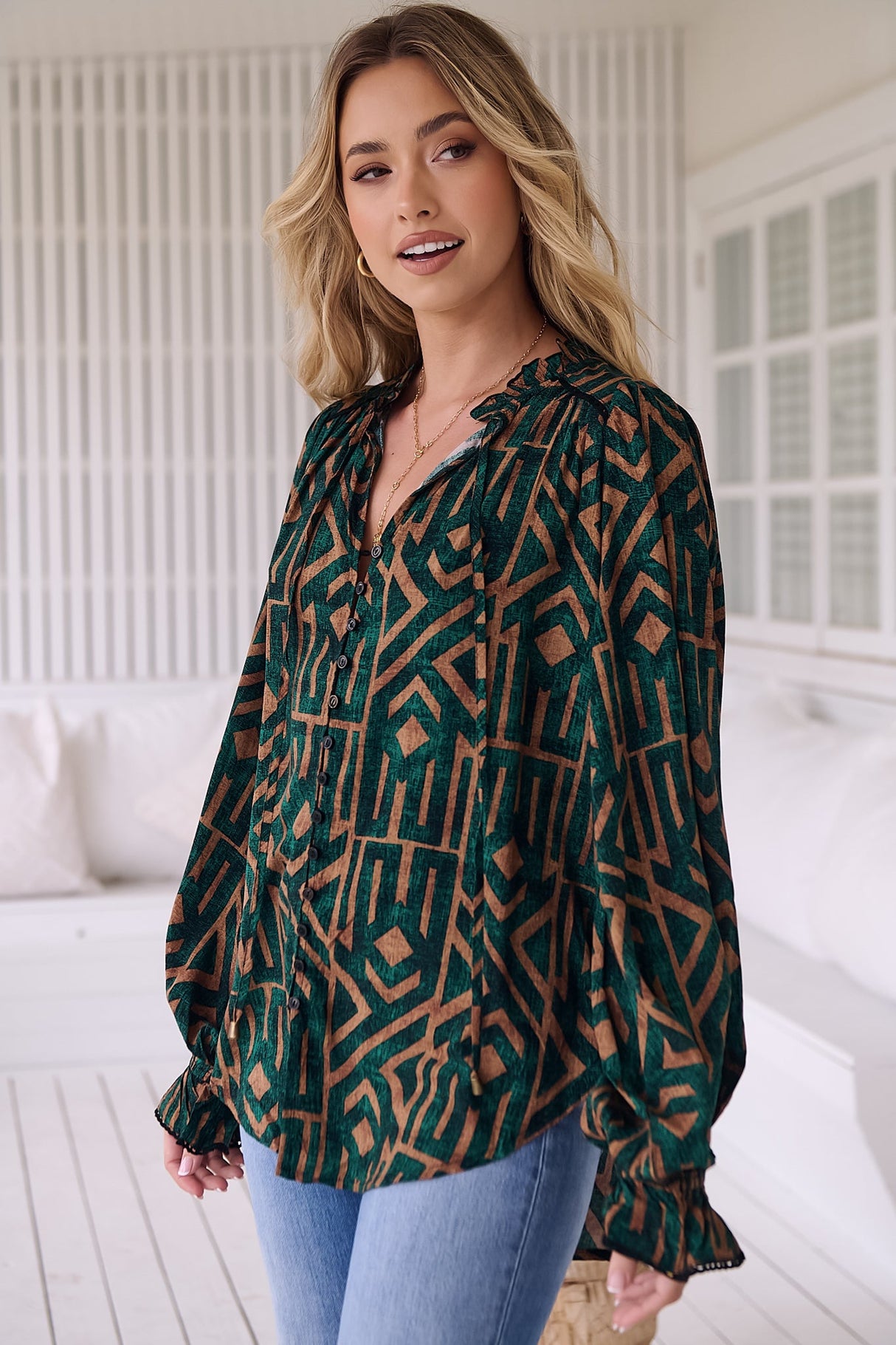 JAASE - Clara Blouse: Button Down Mandarin Collar Shirt in Emerald Print