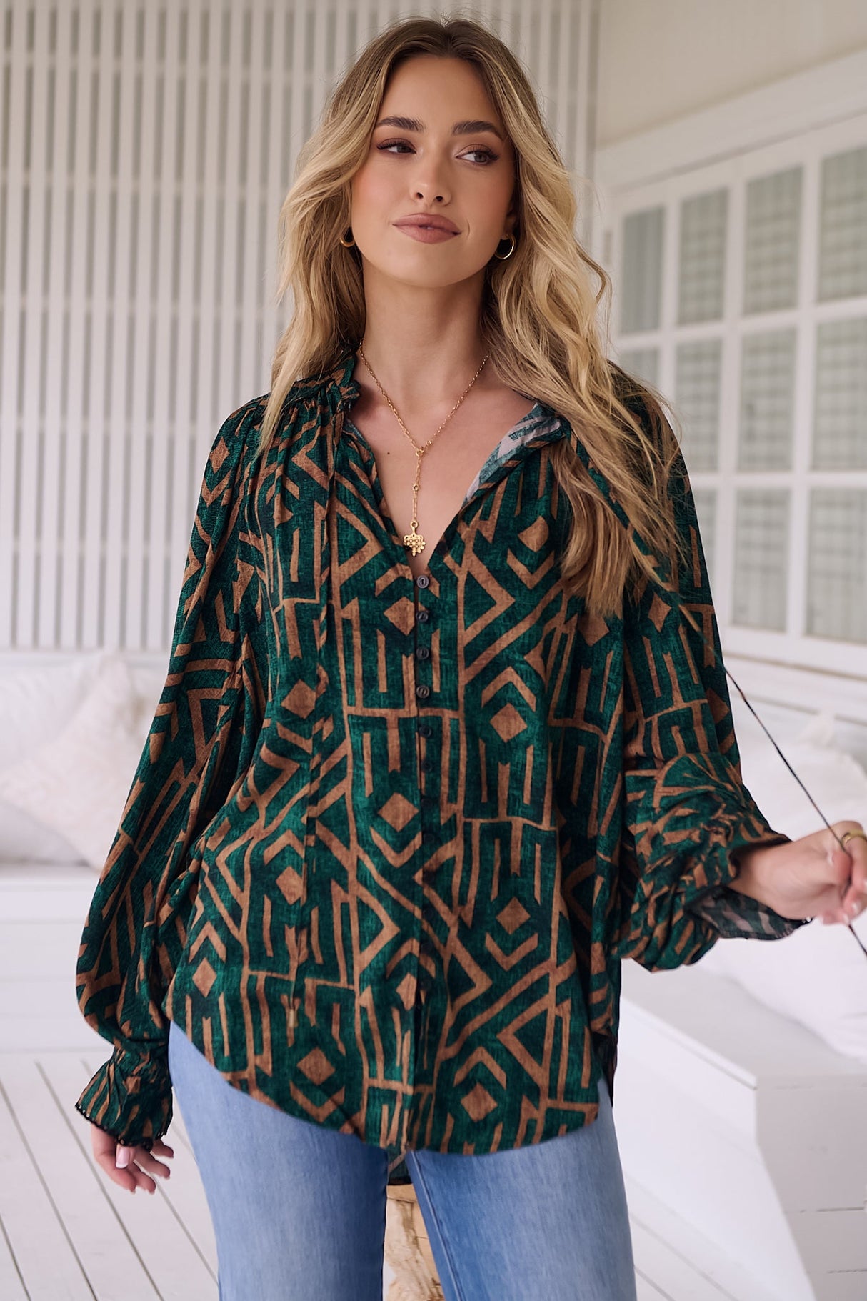 JAASE - Clara Blouse: Button Down Mandarin Collar Shirt in Emerald Print