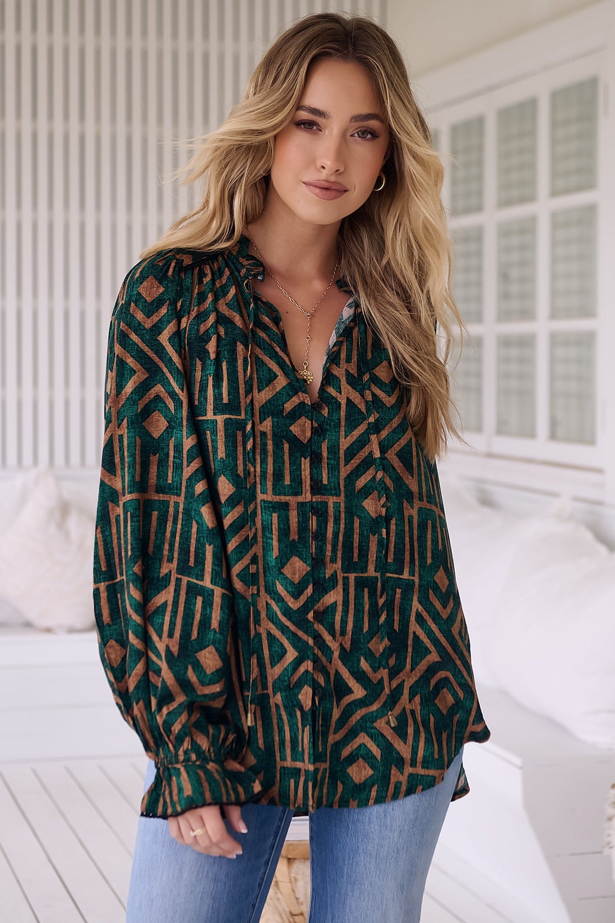 JAASE - Clara Blouse: Button Down Mandarin Collar Blouse in Emerald Print