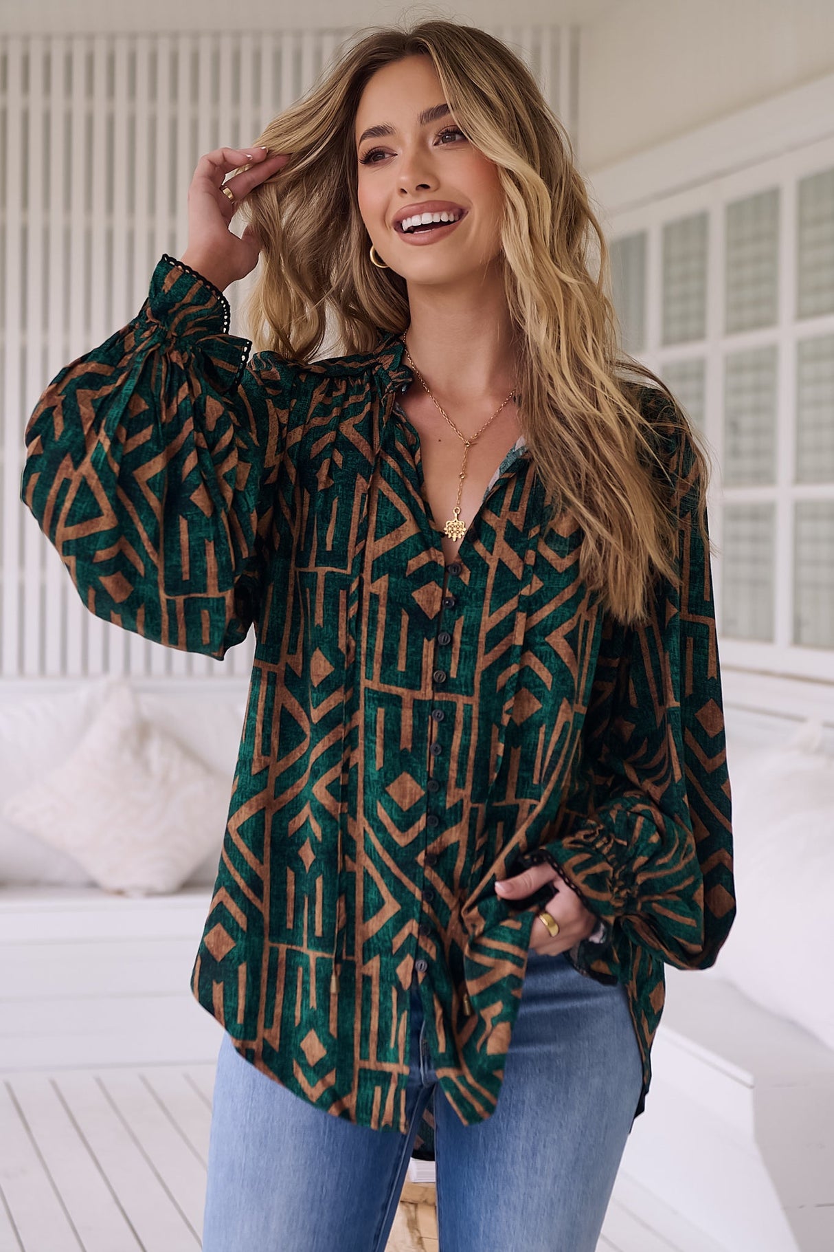 JAASE - Clara Blouse: Button Down Mandarin Collar Blouse in Emerald Print