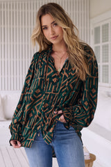 JAASE - Clara Blouse: Button Down Mandarin Collar Blouse in Emerald Print