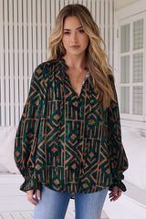 JAASE - Clara Blouse: Button Down Mandarin Collar Blouse in Emerald Print