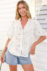 Clare Blouse - Hollow Out Embroidered Button Down Blouse in White