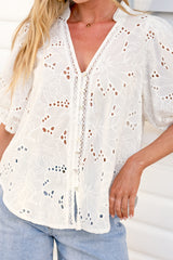 Clare Blouse - Hollow Out Embroidered Button Down Blouse in White