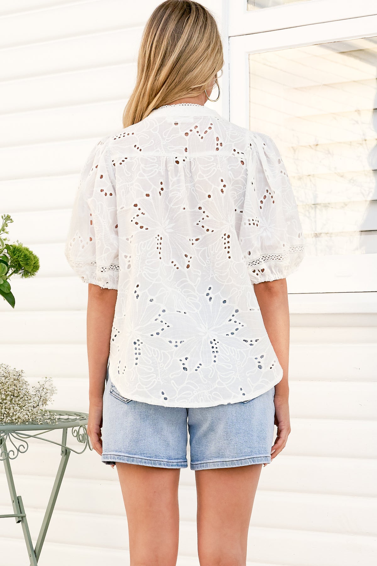 Clare Blouse - Hollow Out Embroidered Button Down Blouse in White