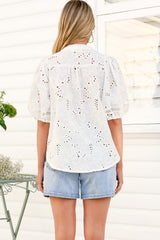Clare Blouse - Hollow Out Embroidered Button Down Blouse in White