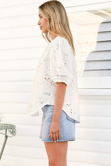 Clare Blouse - Hollow Out Embroidered Button Down Blouse in White