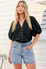 Clare Blouse - Hollow Out Embroidered Button Down Blouse in Black
