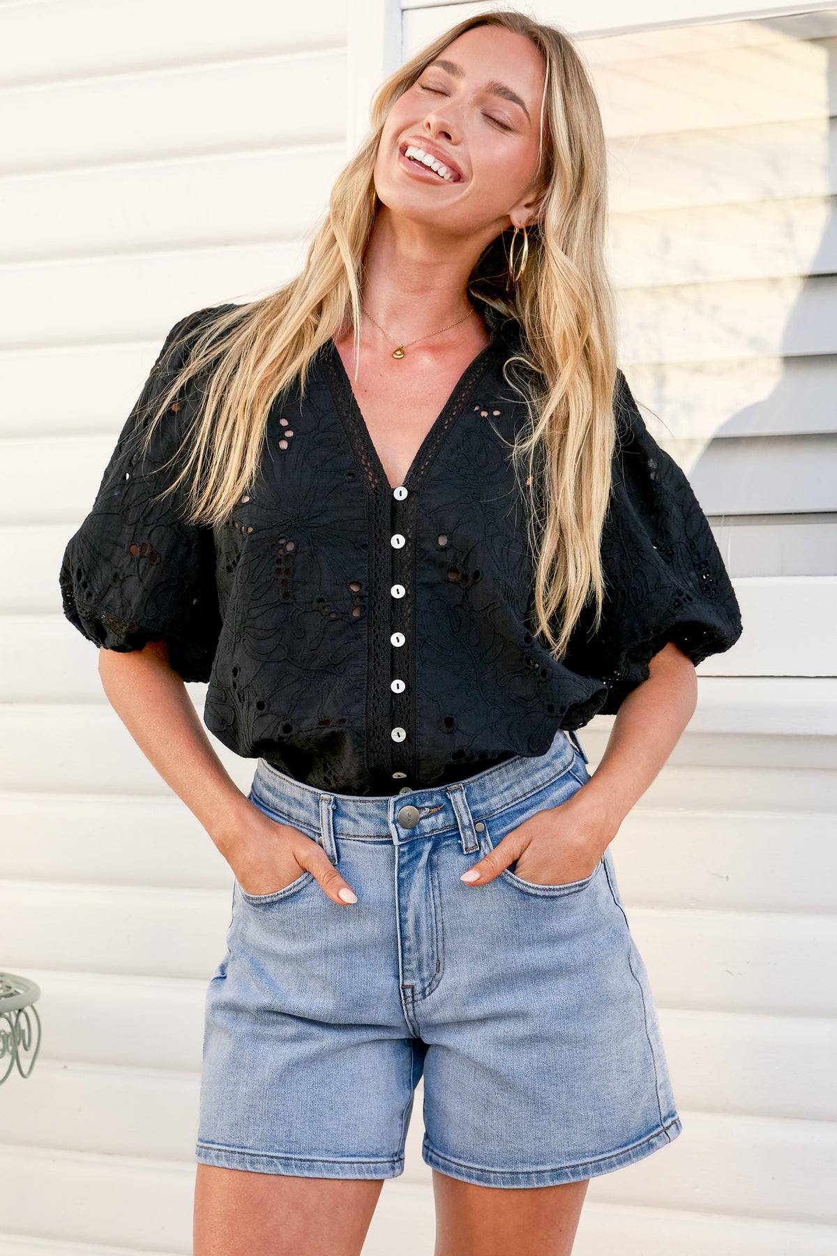 Clare Blouse - Hollow Out Embroidered Button Down Blouse in Black