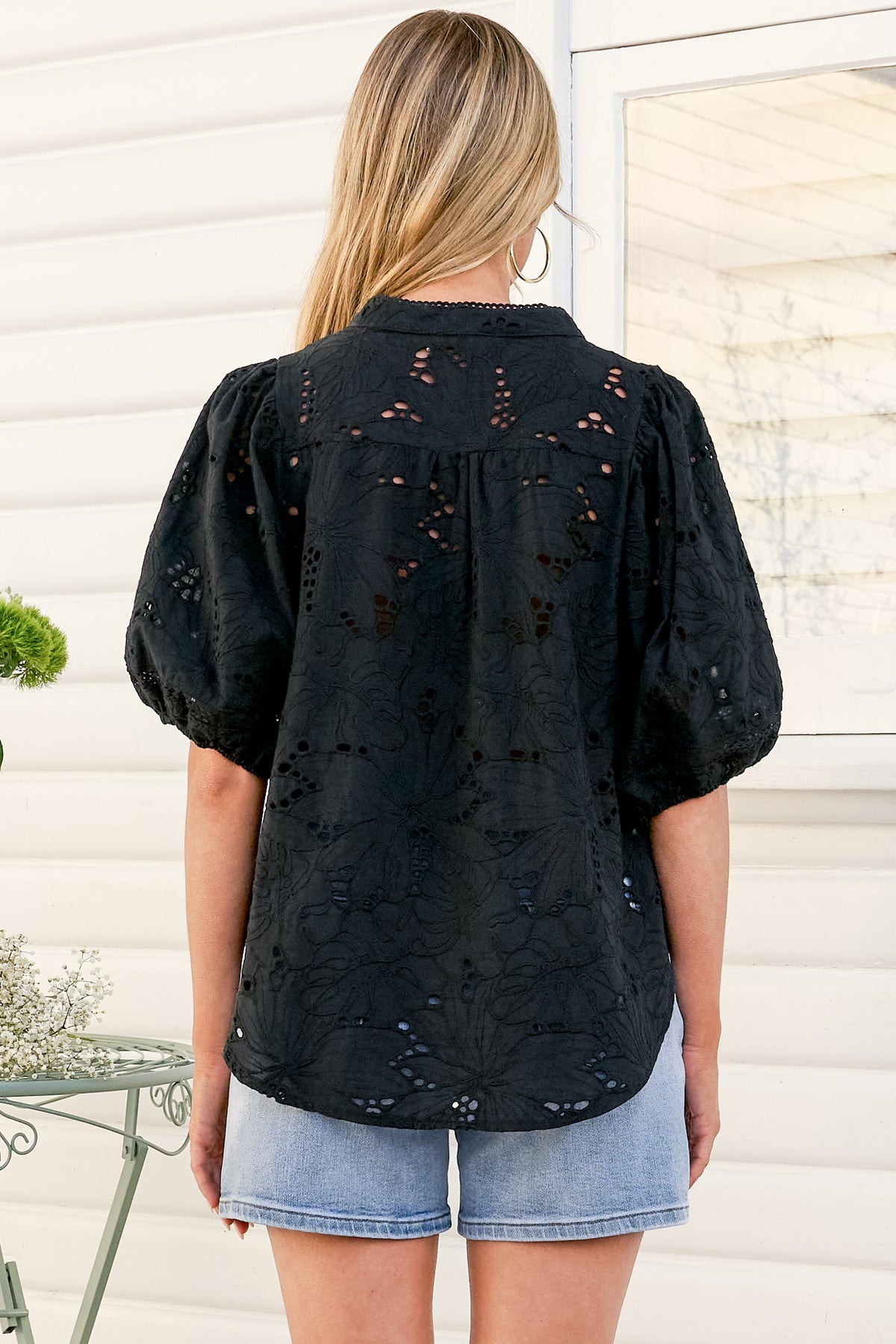 Clare Blouse - Hollow Out Embroidered Button Down Blouse in Black