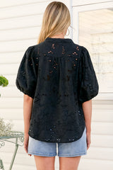 Clare Blouse - Hollow Out Embroidered Button Down Blouse in Black