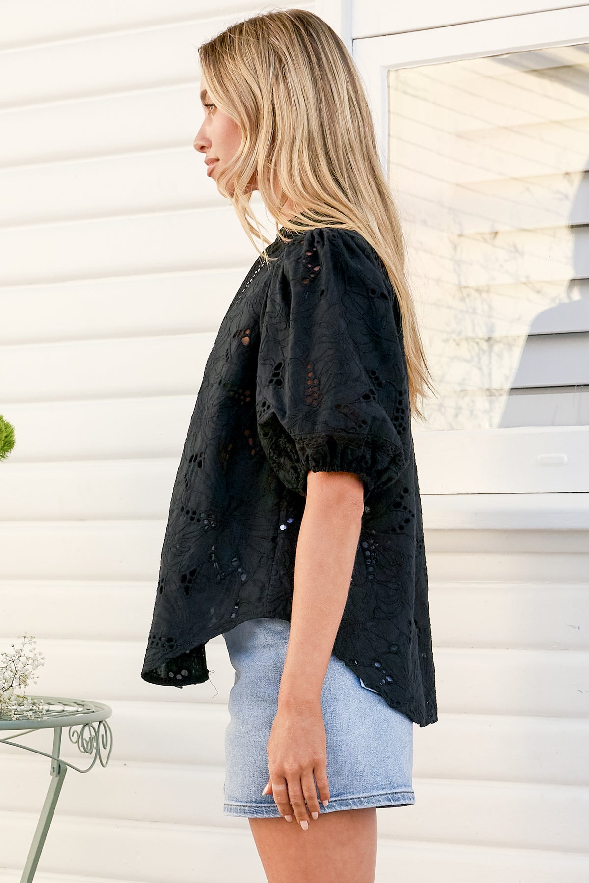 Clare Blouse - Hollow Out Embroidered Button Down Blouse in Black
