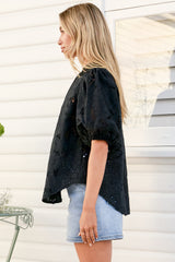 Clare Blouse - Hollow Out Embroidered Button Down Blouse in Black