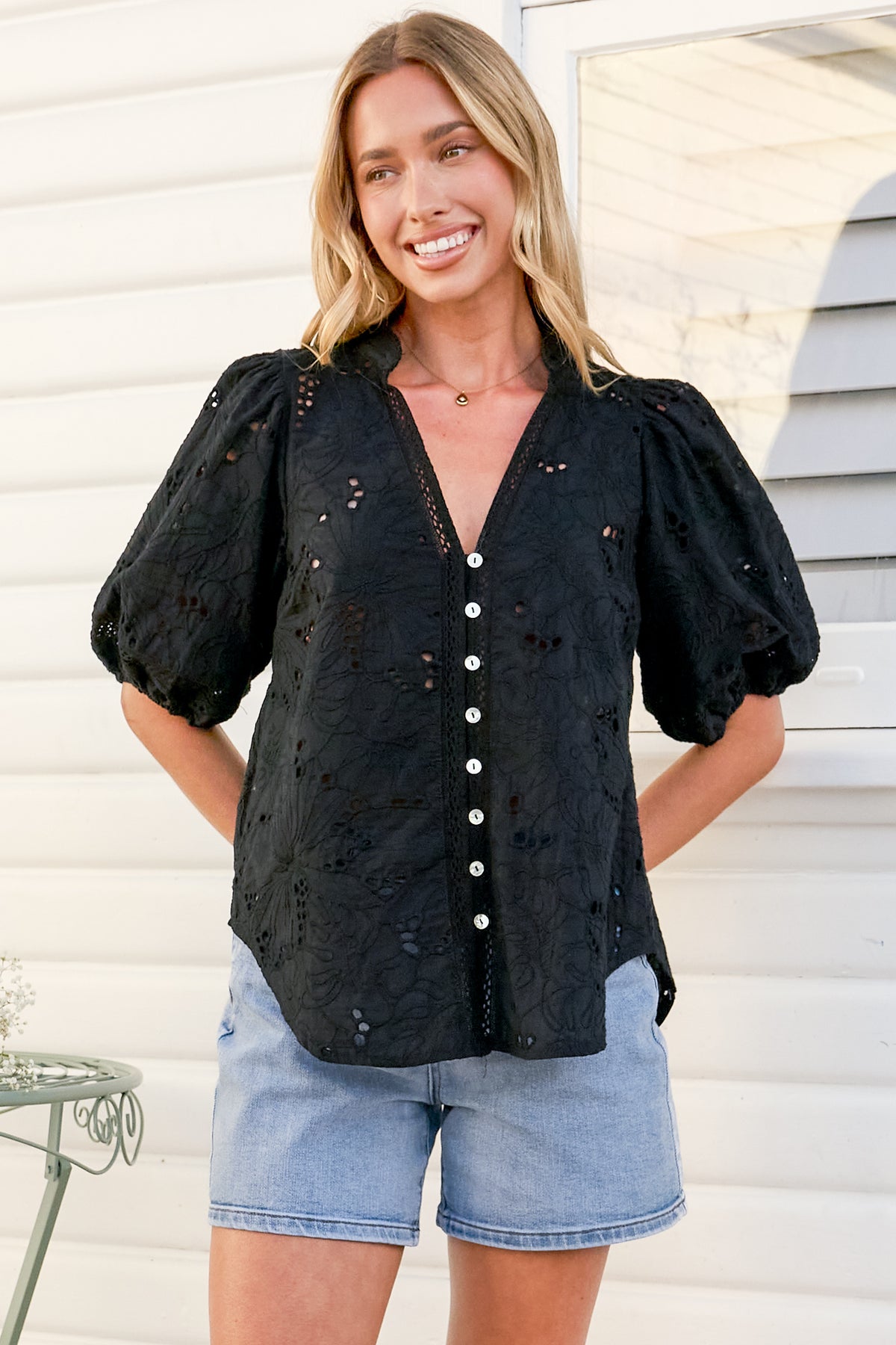 Clare Blouse - Hollow Out Embroidered Button Down Blouse in Black