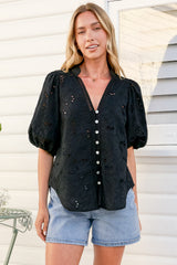 Clare Blouse - Hollow Out Embroidered Button Down Blouse in Black