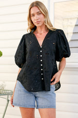 Clare Blouse - Hollow Out Embroidered Button Down Blouse in Black