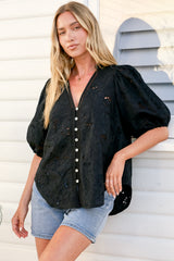 Clare Blouse - Hollow Out Embroidered Button Down Blouse in Black