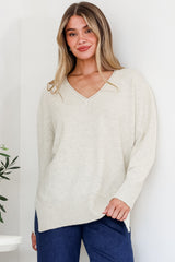 Clarke Jumper - V-Neck Batwing Sleeve Ribbed Step Hemline Knit in Beige