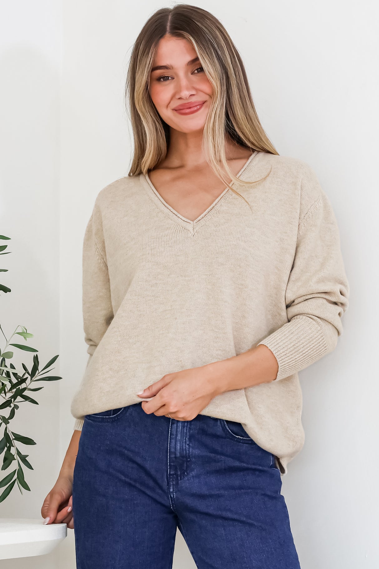 Clarke Jumper - V-Neck Batwing Sleeve Ribbed Step Hemline Knit in Camel