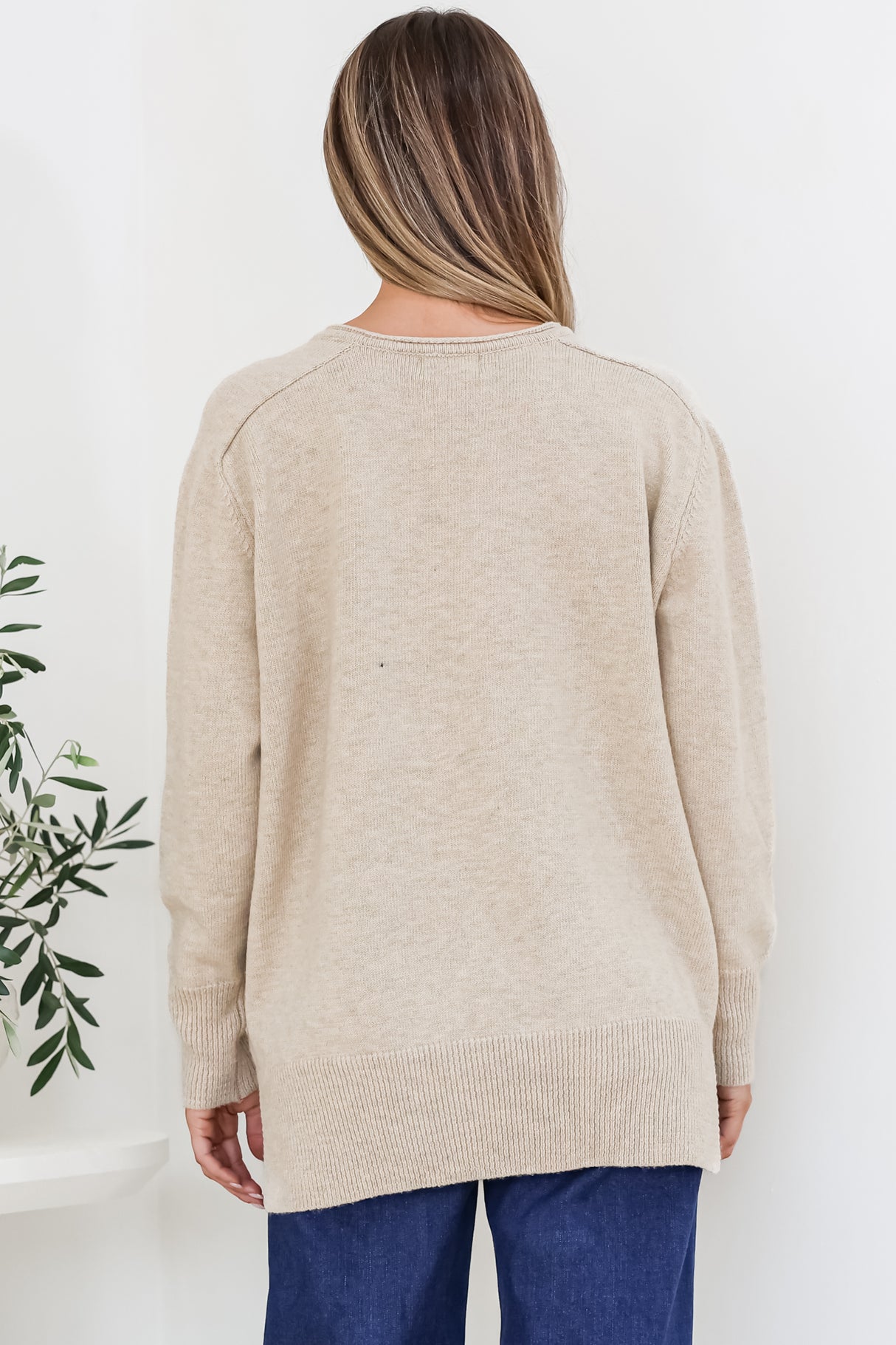 Clarke Jumper - V-Neck Batwing Sleeve Ribbed Step Hemline Knit in Camel