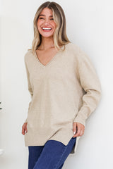 Clarke Jumper - V-Neck Batwing Sleeve Ribbed Step Hemline Knit in Camel