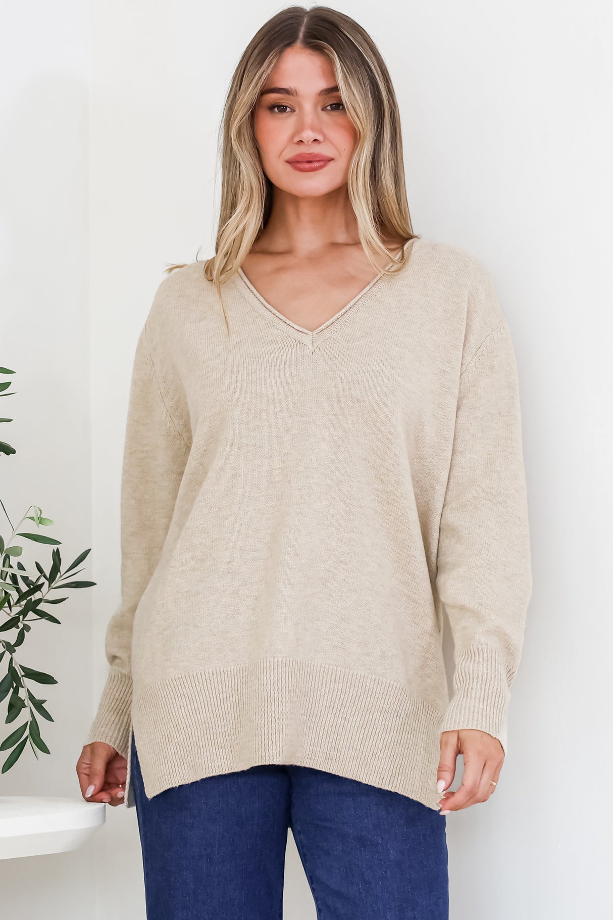 Clarke Jumper - V-Neck Batwing Sleeve Ribbed Step Hemline Knit in Camel