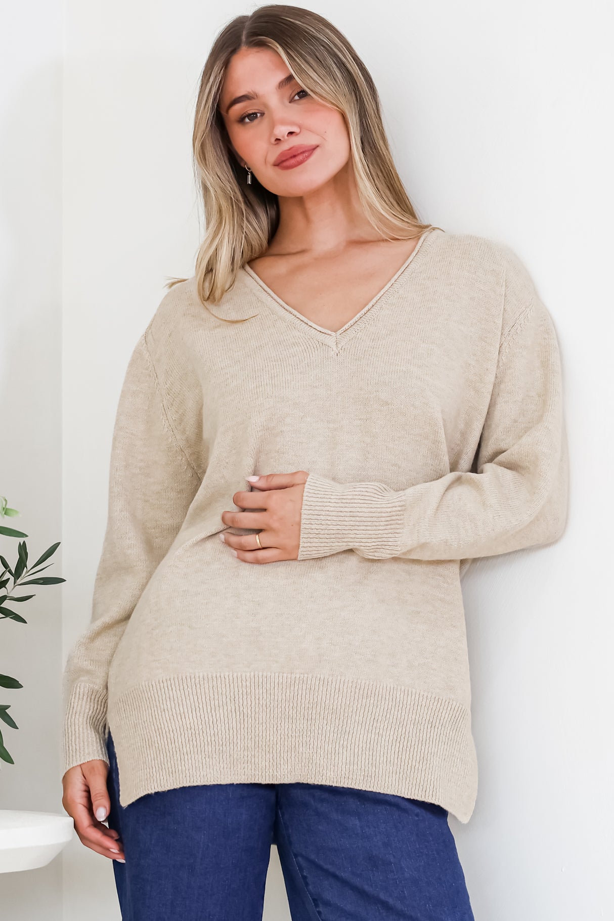 Clarke Jumper - V-Neck Batwing Sleeve Ribbed Step Hemline Knit in Camel