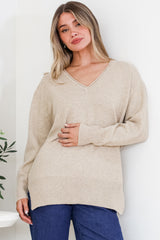 Clarke Jumper - V-Neck Batwing Sleeve Ribbed Step Hemline Knit in Camel