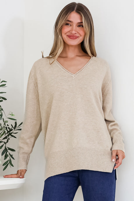 Clarke Jumper - V-Neck Batwing Sleeve Ribbed Step Hemline Knit in Camel