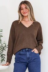 Clarke Jumper - V-Neck Batwing Sleeve Ribbed Step Hemline Knit in Coffee