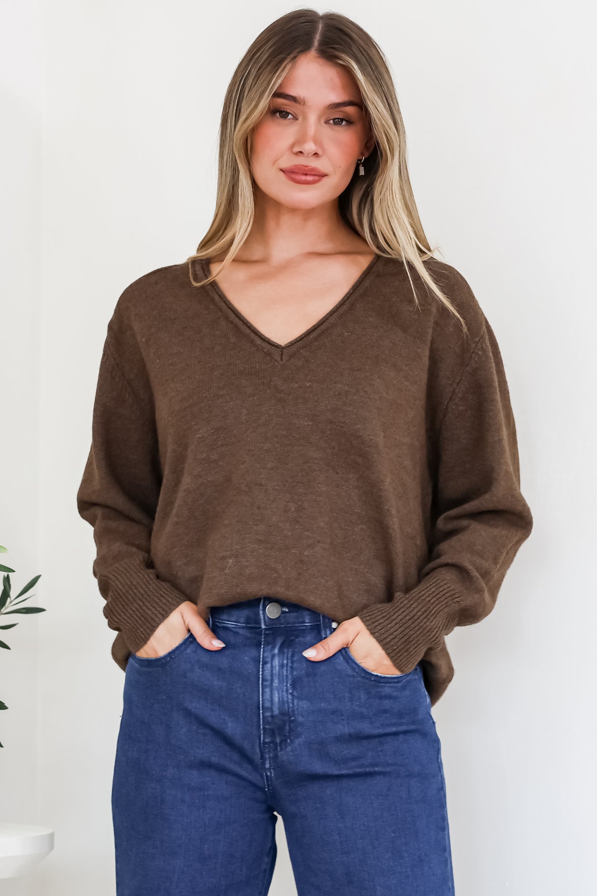 Clarke Jumper - V-Neck Batwing Sleeve Ribbed Step Hemline Knit in Coffee