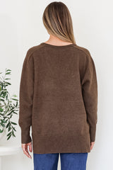 Clarke Jumper - V-Neck Batwing Sleeve Ribbed Step Hemline Knit in Coffee