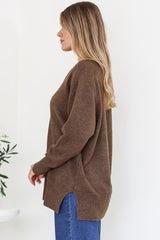 Clarke Jumper - V-Neck Batwing Sleeve Ribbed Step Hemline Knit in Coffee