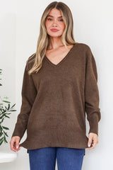 Clarke Jumper - V-Neck Batwing Sleeve Ribbed Step Hemline Knit in Coffee