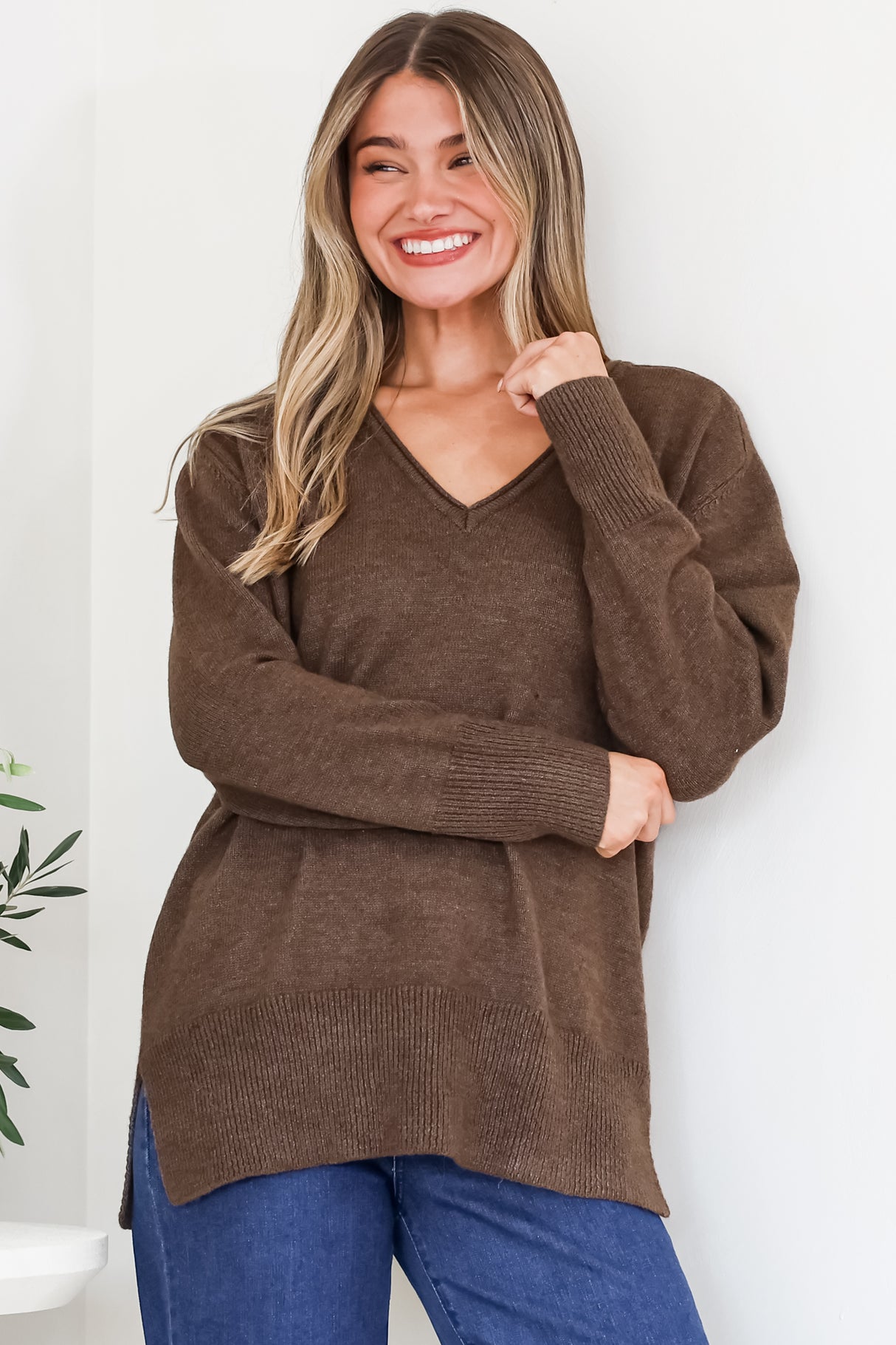 Clarke Jumper - V-Neck Batwing Sleeve Ribbed Step Hemline Knit in Coffee