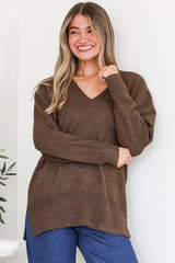 Clarke Jumper - V-Neck Batwing Sleeve Ribbed Step Hemline Knit in Coffee