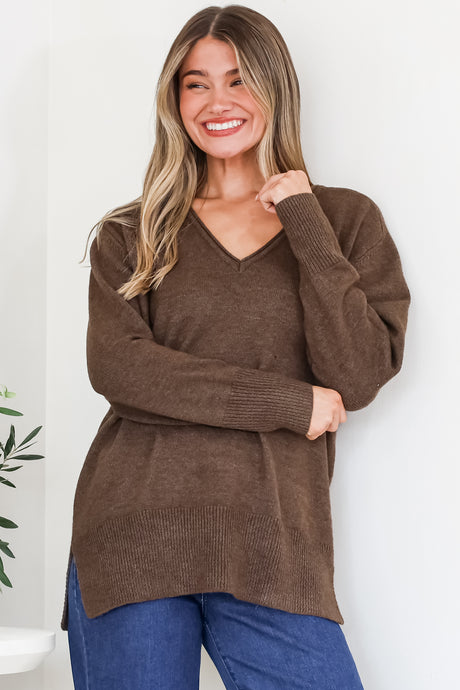 Clarke Jumper - V-Neck Batwing Sleeve Ribbed Step Hemline Knit in Coffee